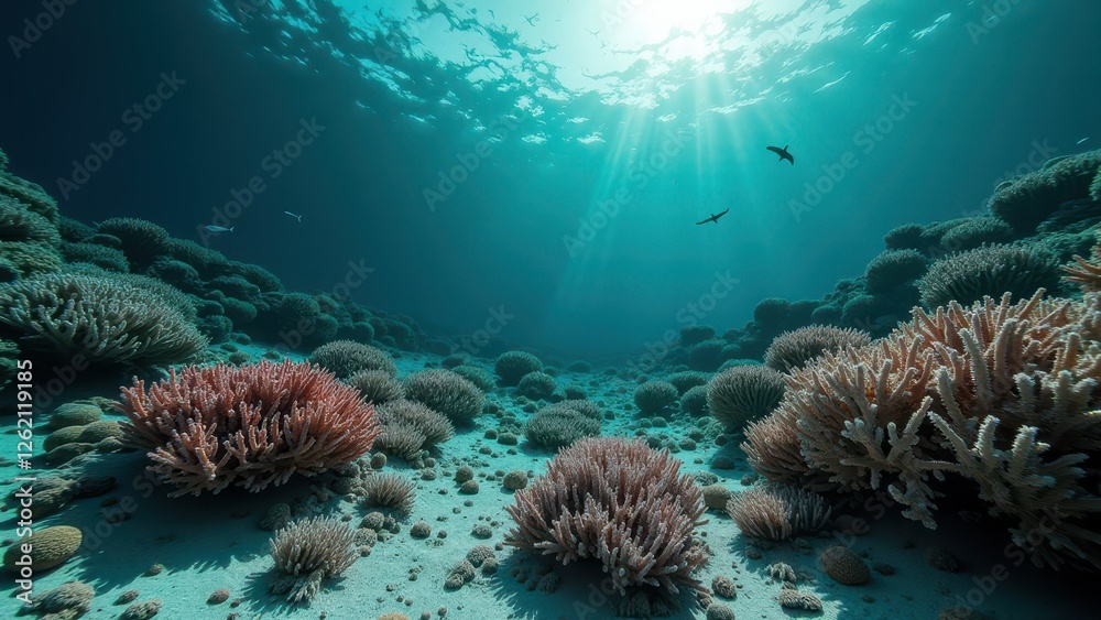 Obraz premium Underwater scene of coral bleaching with sunlight filtering through water 