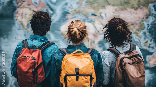 Three travelers looking at a world map with backpacks