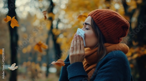 Young woman wearing a beanie and scarf, sneezing into a tissue outdoors in autumn