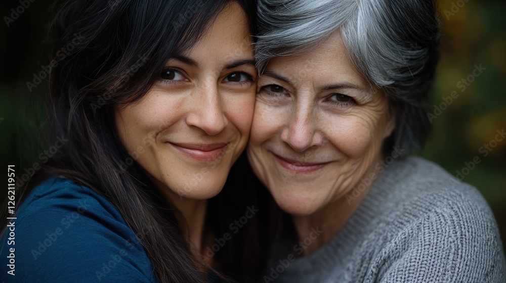 Mother and daughter smiling together in nature, showcasing love and connection between generations, highlighting family bonds and relationships. Mother and daughter smiling together in nature, showcasing love and connection between generations, highlighting family bonds and relationships.