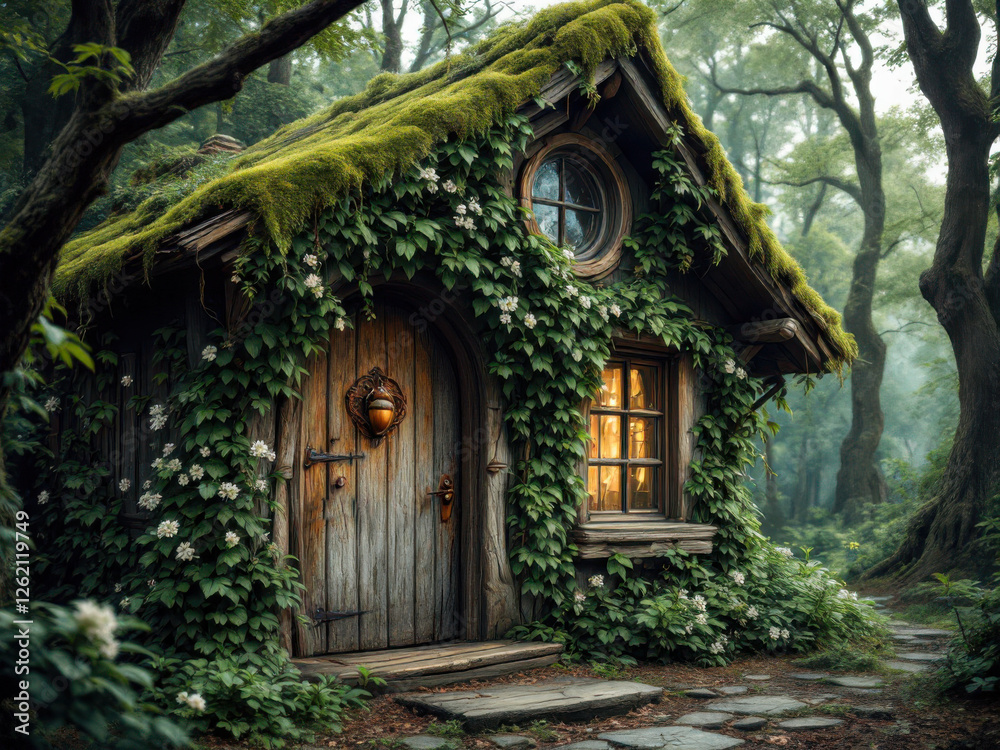 An old wooden house overgrown with plants and a house in the forest An old wooden house overgrown with plants and a house in the forest