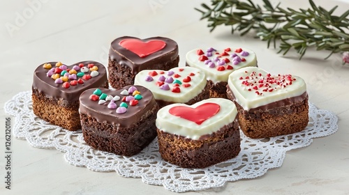 A romantic arrangement of heart-shaped chocolates embellished with colorful toppings on a lace doily, captured in soft lighting to evoke a sense of love and passion, ideal for seasonal marketing.