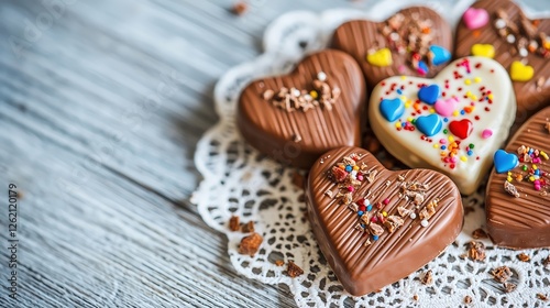 A romantic arrangement of heart-shaped chocolates embellished with colorful toppings on a lace doily, captured in soft lighting to evoke a sense of love and passion, ideal for seasonal marketing.