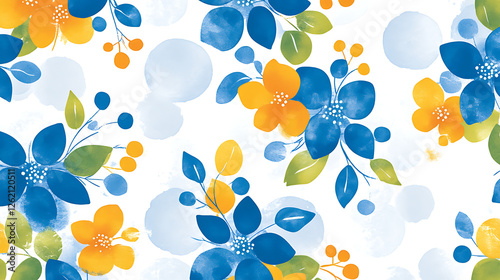 Floral Design Blue and Orange Watercolor Style Botanical Pattern for Elegant and Artistic Look photo