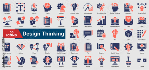 Design Thinking collection set. Typography,Graphic Design,Brainstorm, Idea, Solution,Client,Sketchbook,Mind,Color Picker,Experiment,Layers,Painting,Brush,Web Design,Project,Palette,Cube,Deadline,Goal