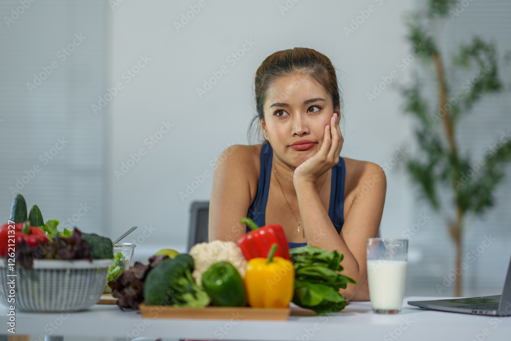 Bored young woman sitting at a table with healthy food, including vegetables and fruit, glass of milk, and laptop, contemplating her diet and weight loss goals Bored young woman sitting at a table with healthy food, including vegetables and fruit, glass of milk, and laptop, contemplating her diet and weight loss goals