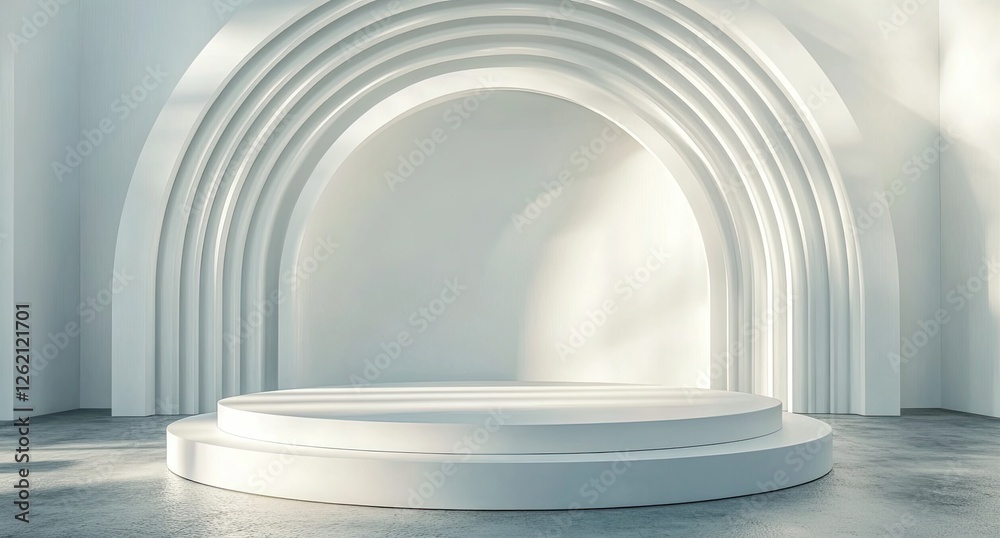 White circular podium, arch backdrop, sunlit studio, product display White circular podium, arch backdrop, sunlit studio, product display
