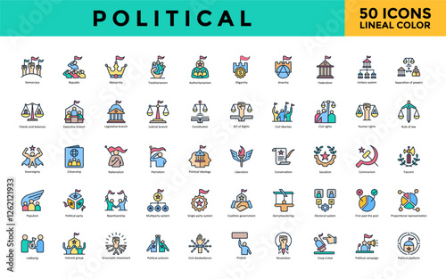 Political icon set with democracy, republic, monarchy, totalitarianism, authoritarianism, oligarchy, anarchy, federalism, unitary system, separation of powers icon. Simple lineal color vector 
