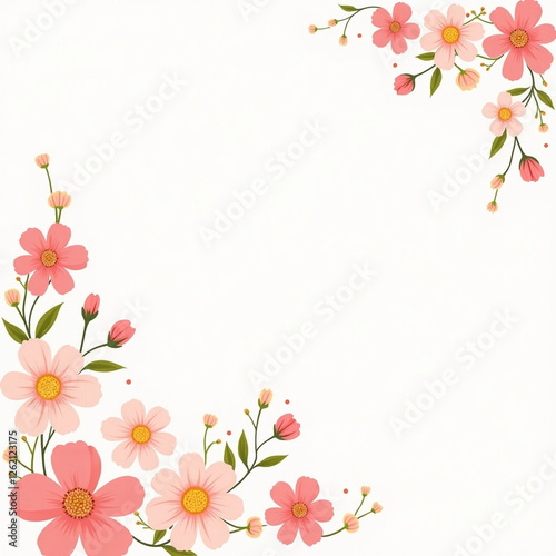 Elegant floral frame with pink flowers and green leaves on a light background. Delicate botanical design for invitations, greeting cards, wedding templates, and decorative projects.