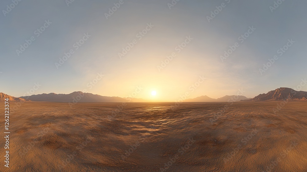 Obraz premium Sunset over vast desert landscape, mountains in distance, calm atmosphere, ideal for travel or environmental projects