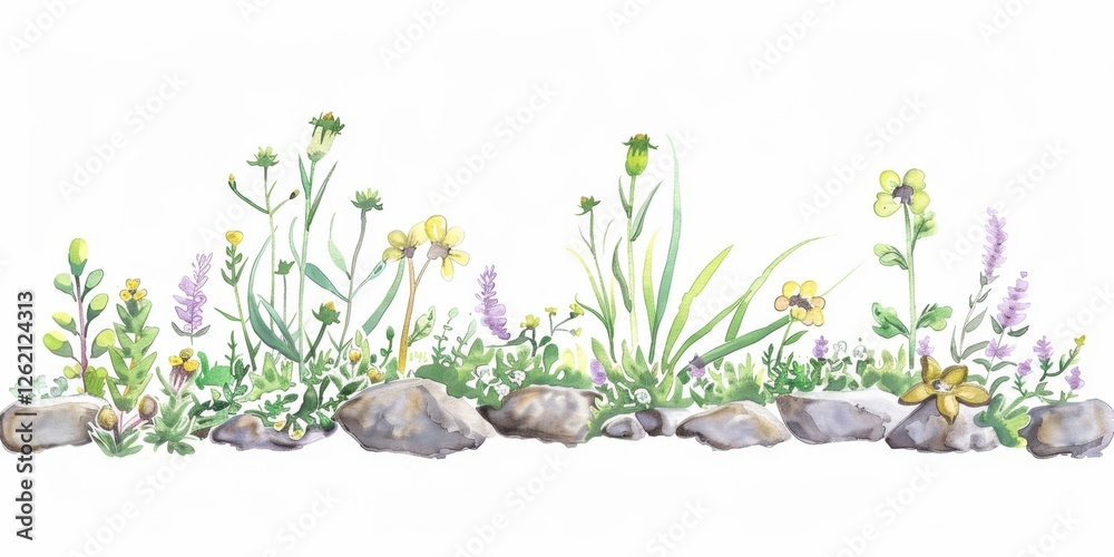 Nature-inspired botanical border with wildflowers and rocks for decorative design. Gardening for Wildlife Month Nature-inspired botanical border with wildflowers and rocks for decorative design. Gardening for Wildlife Month