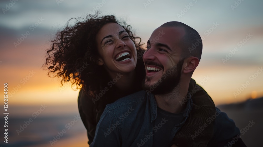 Couple laughing together on the beach during sunset, capturing joyful moments in nature, love, relationships, and vacation vibes. Couple laughing together on the beach during sunset, capturing joyful moments in nature, love, relationships, and vacation vibes.
