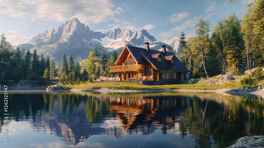 Fototapeta premium Scenic mountain cabin by a tranquil lake with stunning reflection