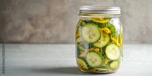 A clear jar with pickles, cucumbers and herbs in a brine solution for preservation and flavoring.