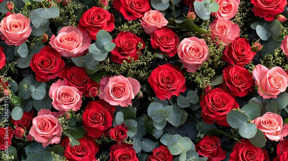 Naklejka premium A beautifully crafted bouquet of vibrant red and delicate pink roses, artfully intertwined with verdant leaves, creating an enchanting display perfect for any romantic occasion.