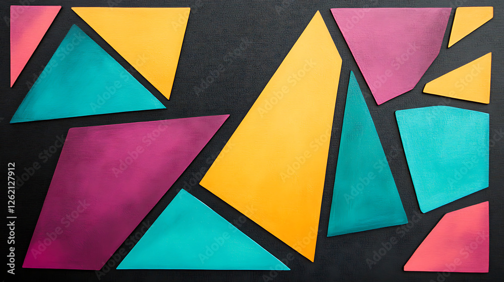 Fototapeta premium Geometric Abstract Art Arrangement with Triangles and Polygons on a Textured Black Background