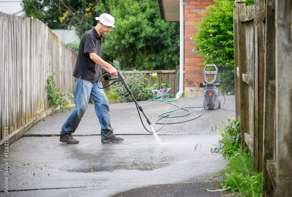 Man washing concrete driveway using a pressure washer.