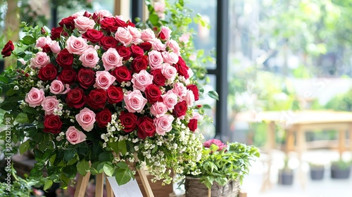 A romantic arrangement showcasing the contrasting hues of red and pink roses, embellished with a variety of fresh green leaves, ideal for setting a passionate and loving mood.