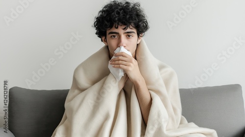 Young man wrapped in a beige blanket, drinking tea while feeling unwell
