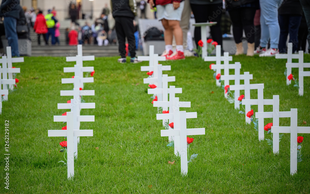 White crosses and red poppies at Anzac Day commemoration. Out-of-focus people paying respect. Auckland. New Zealand.