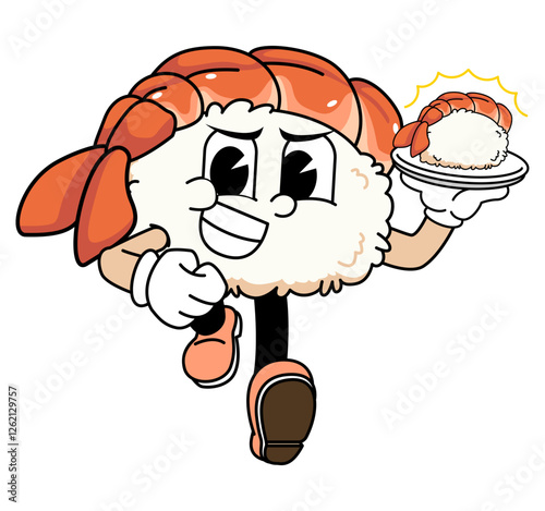 Retro sushi mascot logo, ebi sushi,shrimp sushi delivery