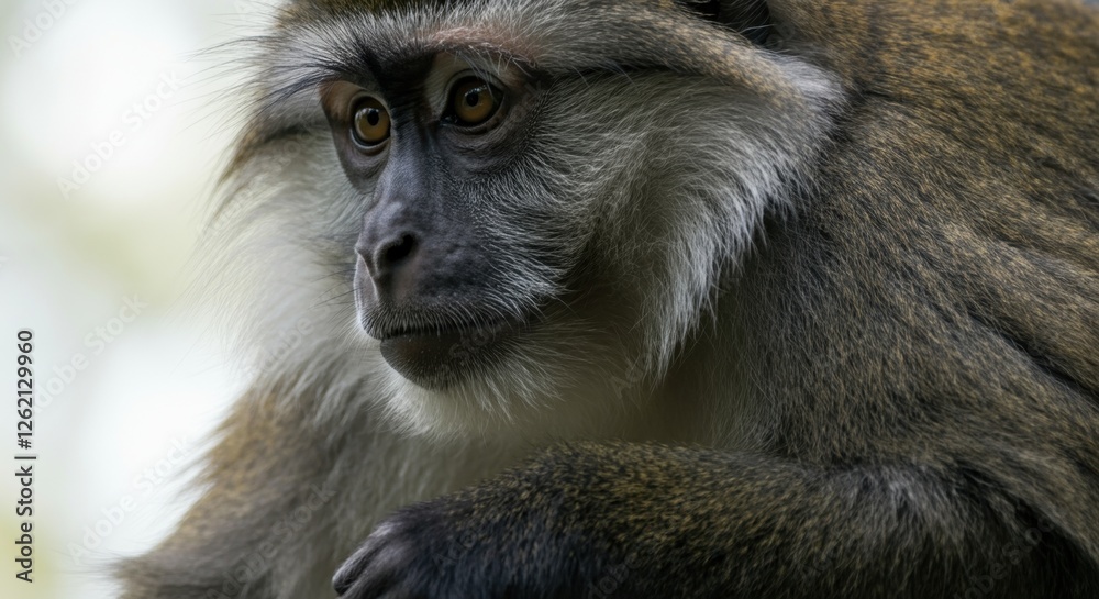 Close-up of alert monkey with fluffy gray fur in natural habitat Close-up of alert monkey with fluffy gray fur in natural habitat
