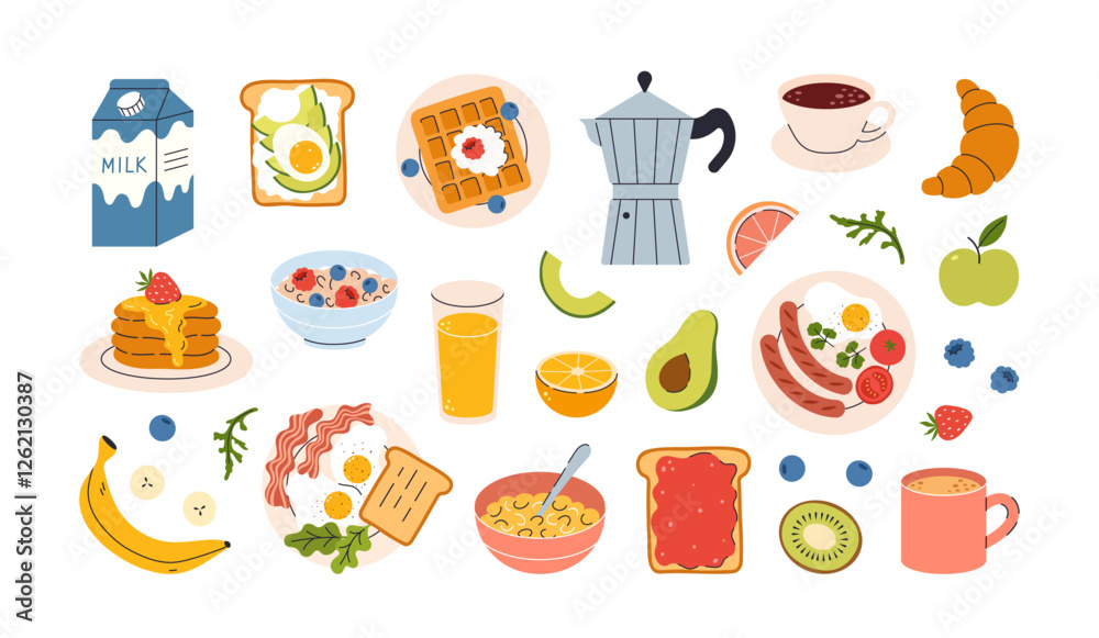 Hand drawn breakfast illustration with coffee, fried egg, croissant, milk, cereal, bacons, sausages, citrus juice, avocado, tomato, pancakes. Healthy tasty food and drinks. Vector flat illustration. Hand drawn breakfast illustration with coffee, fried egg, croissant, milk, cereal, bacons, sausages, citrus juice, avocado, tomato, pancakes. Healthy tasty food and drinks. Vector flat illustration.