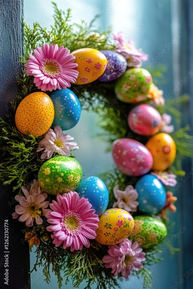 The image features a festive wreath made from natural twigs and vibrant paper flowers, with ceramic eggs in pastel colors. This decoration is perfect for celebrating the Easter holiday.