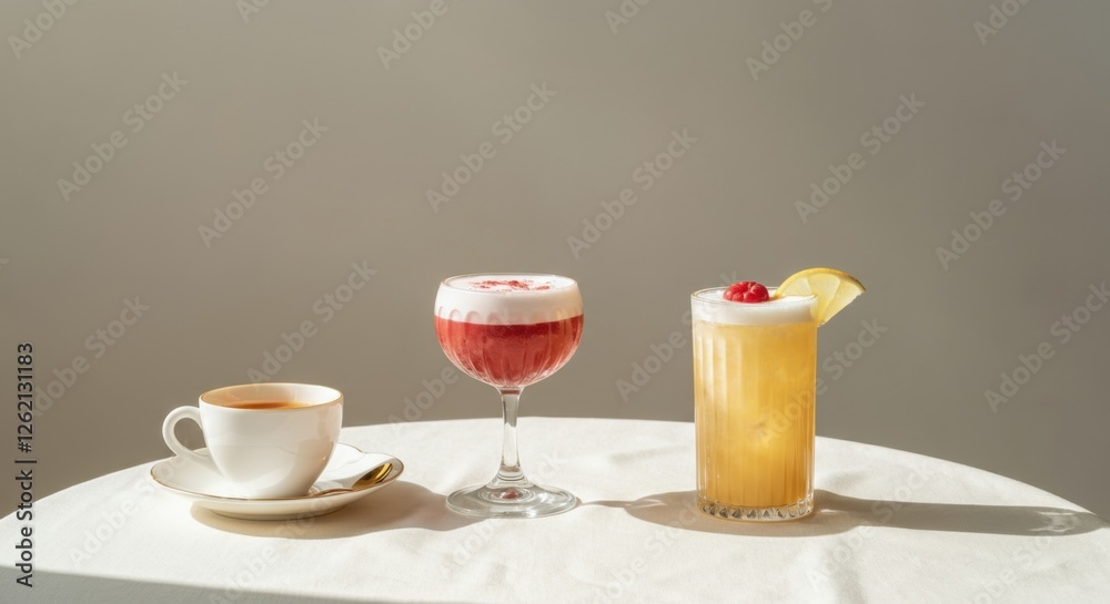 Assorted drinks on table with cup of tea and two cocktails in sunlight Assorted drinks on table with cup of tea and two cocktails in sunlight