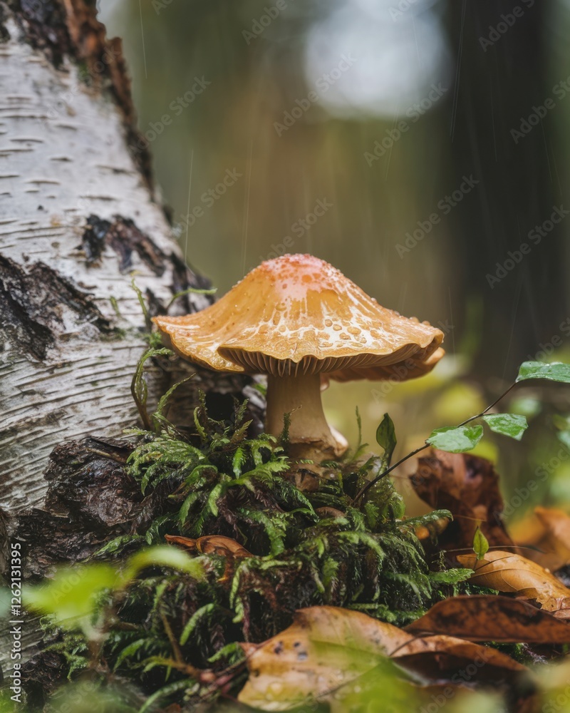 Fototapeta premium Wild mushroom growing at the base of a birch tree in a rainy forest. Autumn nature and fungi concept