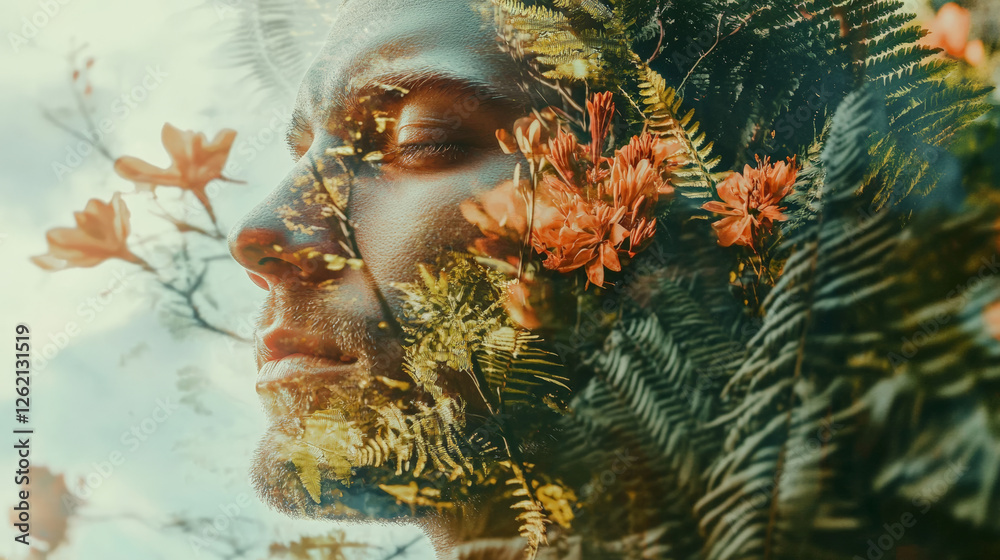 contemplative man face surrounded by lush ferns and vibrant flowers, evoking sense of tranquility and connection to nature contemplative man face surrounded by lush ferns and vibrant flowers, evoking sense of tranquility and connection to nature