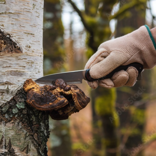 Person harvesting chaga mushroom from birch tree using a knife. Foraging and medicinal fungi concept