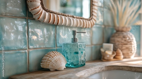 A beautifully designed bathroom showcases a beach theme with turquoise tiles, a unique shell mirror, and a sea glass soap dispenser creating a serene coastal atmosphere photo