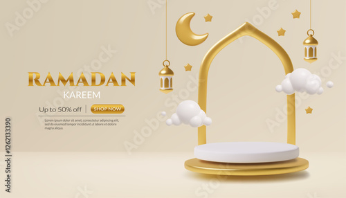 Ramadan podium 3d realistic sale background vector design with gold and white crescent, stars, lanterns, clouds and floating stage with arch. 