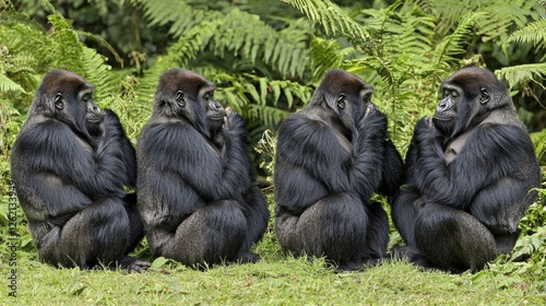 Fototapeta Naklejka Na Ścianę i Meble -  Gorillas engaging in social interaction rainforest habitat wildlife photography natural environment close-up view animal behavior