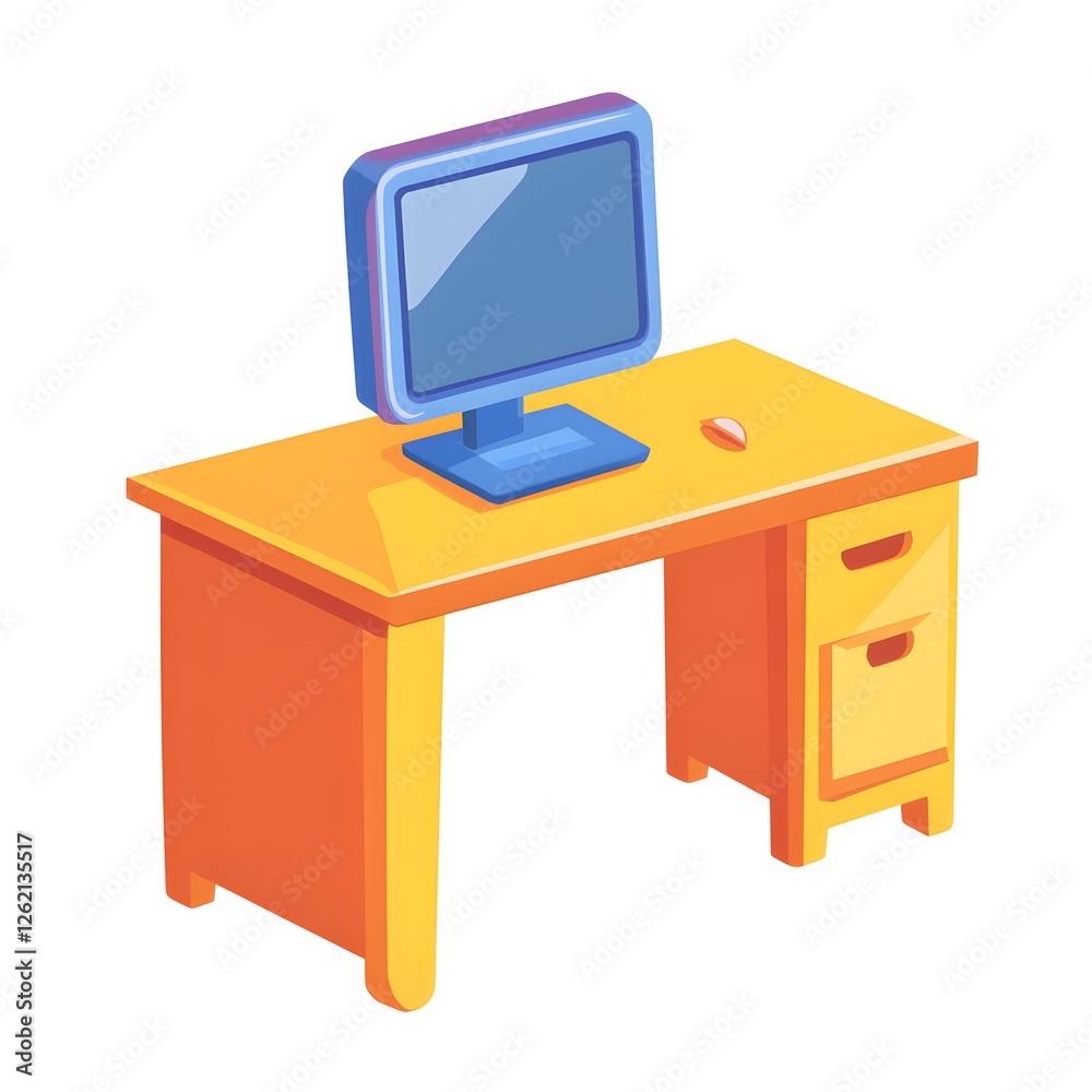 Colorful Cartoon Office Desk with Computer Colorful Cartoon Office Desk with Computer