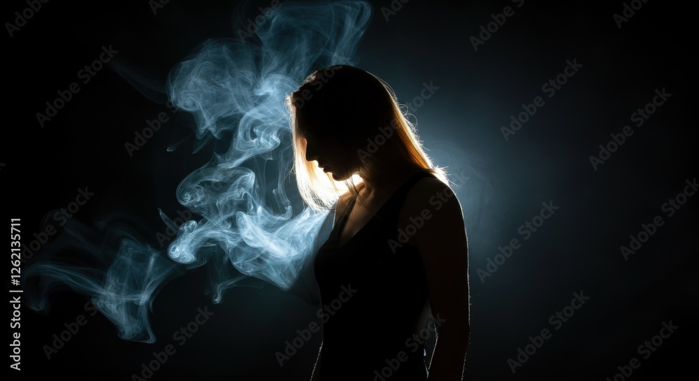 Silhouette of a young caucasian female in smoke with backlight Silhouette of a young caucasian female in smoke with backlight