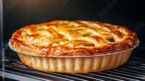 Golden Brown Baked Pie with Lattice Crust Fresh from the Oven Dessert Treat Culinary Delight photo