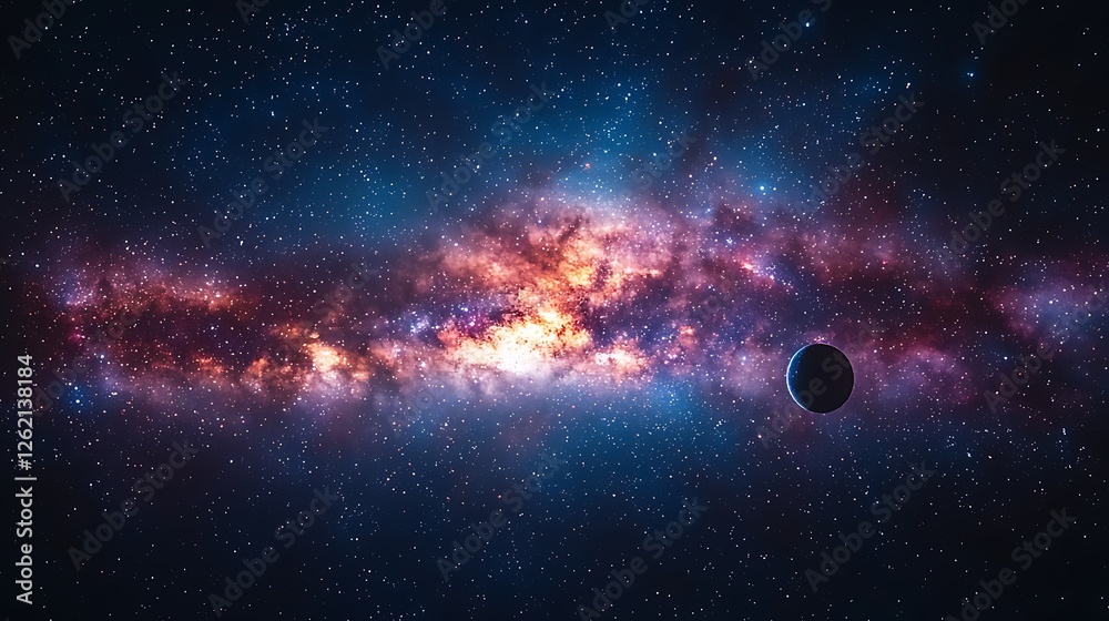 Cosmic Tapestry: A mesmerizing view of the Milky Way galaxy, vibrant with swirling nebulae in hues of pink, orange, and blue, a lone planet sits serenely in the foreground. Cosmic Tapestry: A mesmerizing view of the Milky Way galaxy, vibrant with swirling nebulae in hues of pink, orange, and blue, a lone planet sits serenely in the foreground.