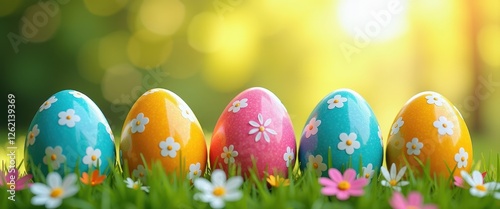 Vibrant Easter Eggs Decorated with Flowers on a Lush Green Grass Background. A row of brightly colored easter eggs in a grassy field.