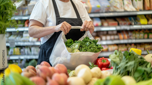 Cashier handling fresh produce with care at checkout photo