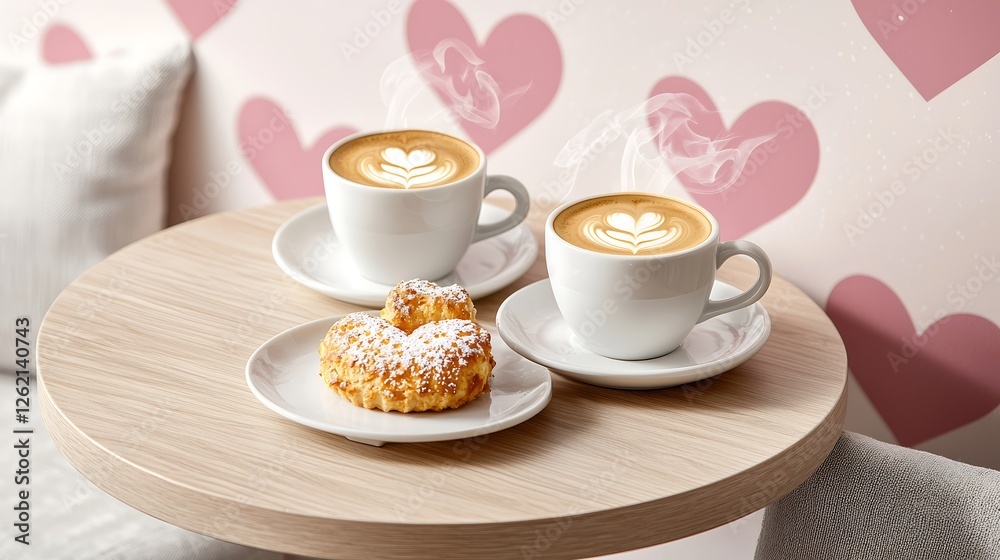 An intimate corner of a cafe featuring a small round table with two steaming cups of coffee and a shared pastry. Soft pastel colors and heart motifs decorate the wall behind, evoking a warm romantic An intimate corner of a cafe featuring a small round table with two steaming cups of coffee and a shared pastry. Soft pastel colors and heart motifs decorate the wall behind, evoking a warm romantic