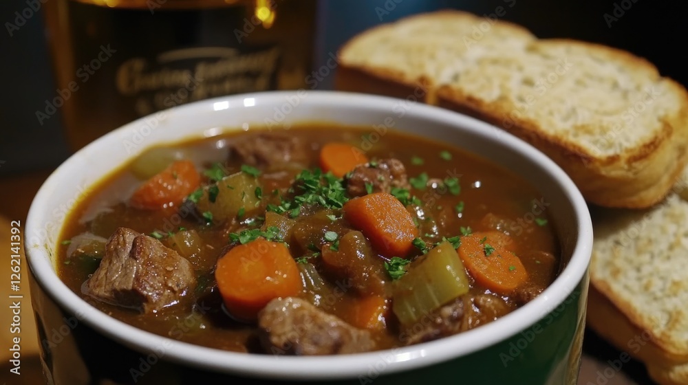 A homemade stew filled with tender beef and an array of vegetables, perfect for a cozy winter night.