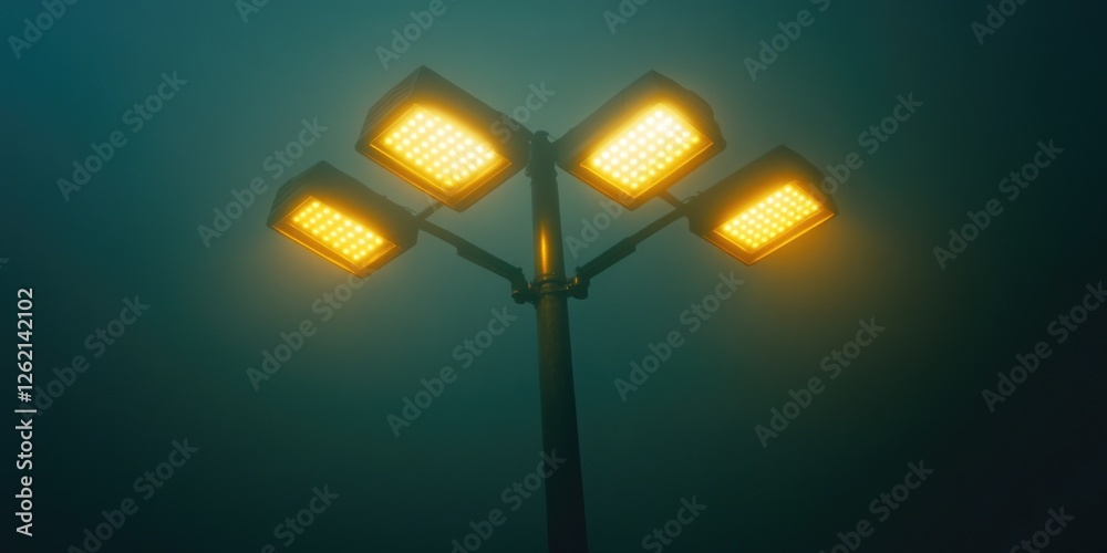 A night scene with a series of light fixtures in a foggy environment, giving an eerie or mysterious ambiance to the surroundings. A night scene with a series of light fixtures in a foggy environment, giving an eerie or mysterious ambiance to the surroundings.