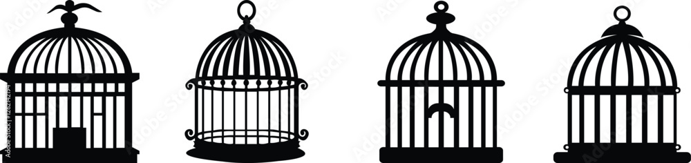 Bird cage icon set.Set of closed empty bird cage silhouette icon vector illustration design.Metal animal transport hanging prison cages. Depicted without birds symbol of freedom and space. Bird cage icon set.Set of closed empty bird cage silhouette icon vector illustration design.Metal animal transport hanging prison cages. Depicted without birds symbol of freedom and space.