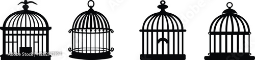 Bird cage icon set.Set of closed empty bird cage silhouette icon vector illustration design.Metal animal transport hanging prison cages. Depicted without birds symbol of freedom and space.