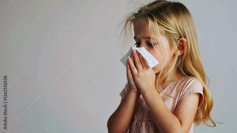 Sad young girl with blonde curly hair holding tissue to her face, experiencing discomfort from cold or allergies, indoor soft light, emotional expression, health concept Sad young girl with blonde curly hair holding tissue to her face, experiencing discomfort from cold or allergies, indoor soft light, emotional expression, health concept