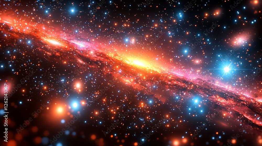 Fototapeta premium Cosmic Canvas: A vibrant nebula bursts with fiery orange and cool blue hues, scattered with countless stars in a breathtaking display of celestial beauty.