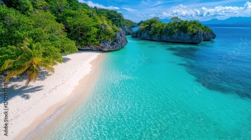 Breathtaking tropical paradise featuring crystal clear turquoise waters pristine white sand beaches and lush verdant coastal scenery  A serene and picturesque escape into an unspoiled natural wonder