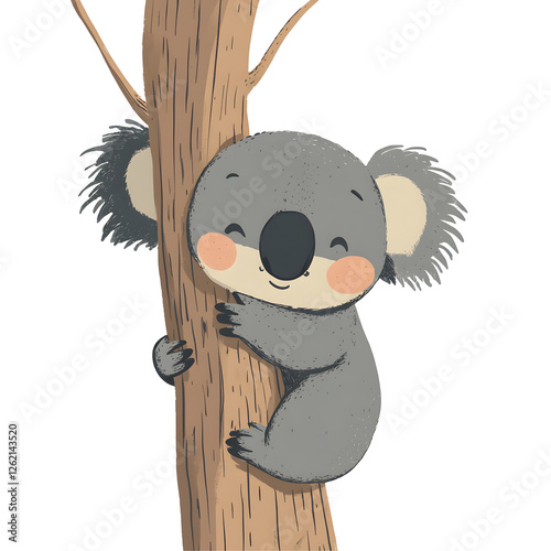 Koala bear embracing a tree nature scene minimalist illustration whimsical environment close-up view heartwarming concept photo